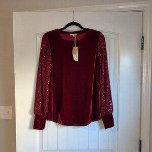 Mystree Women’s Burgundy Long Sleeve Top w/ Sequin Sleeves – Size Medium NWT